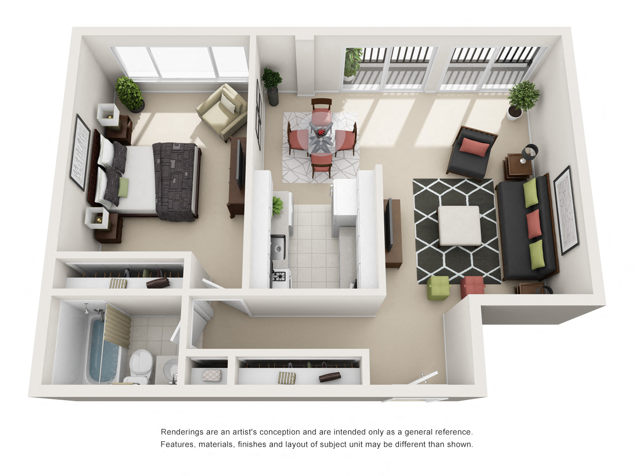 Floor plan for 1 bed, 1 bath, 723 sqft